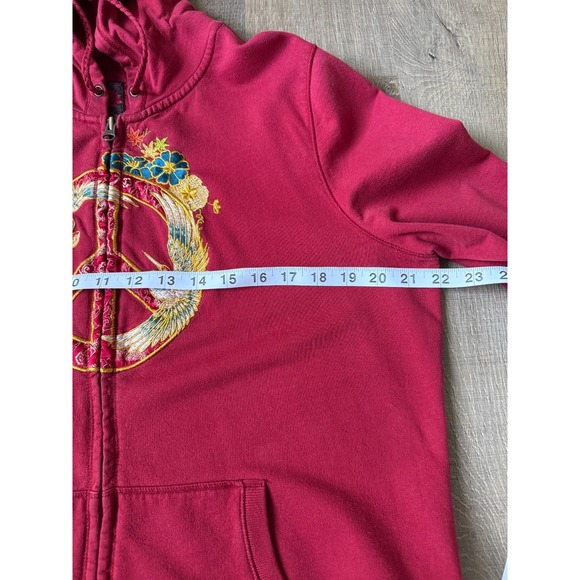 Lucky Brand Embroidered Zip Hoodie Asian Art Bird Floral Graphic Red Size XL - Picture 12 of 16